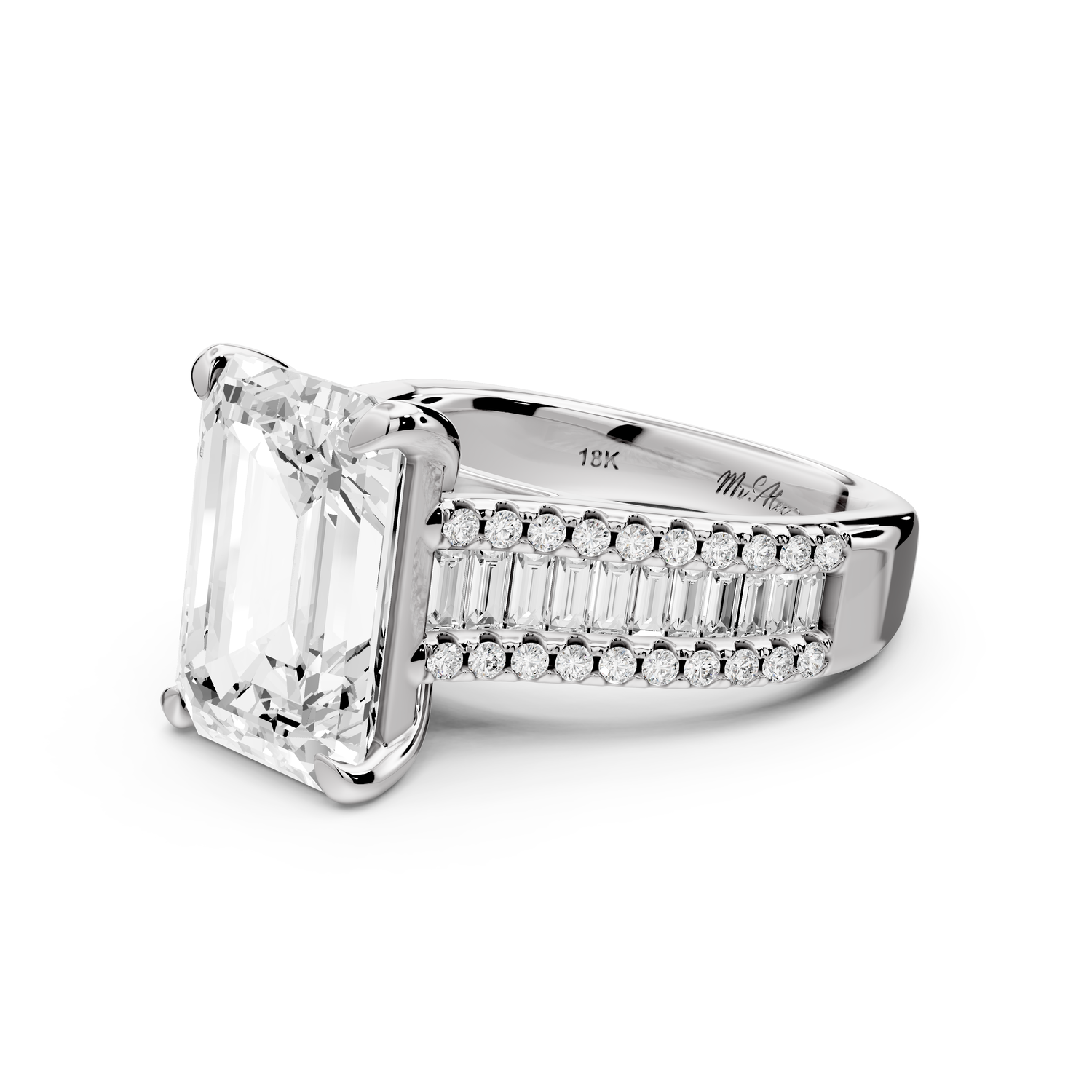 Estelle - 5ct 14k white gold emerald diamond with emerald and round cut accent stones half band cathedral engagement ring