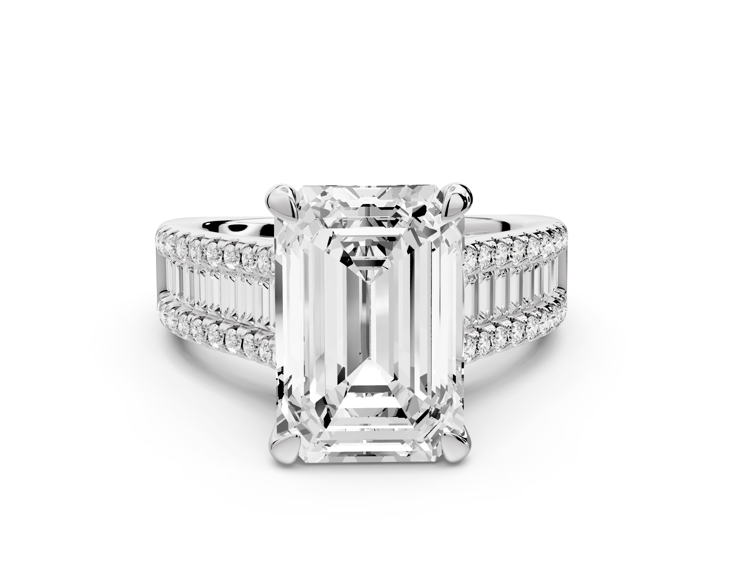 Estelle - 5ct 14k white gold emerald diamond with emerald and round cut accent stones half band cathedral engagement ring