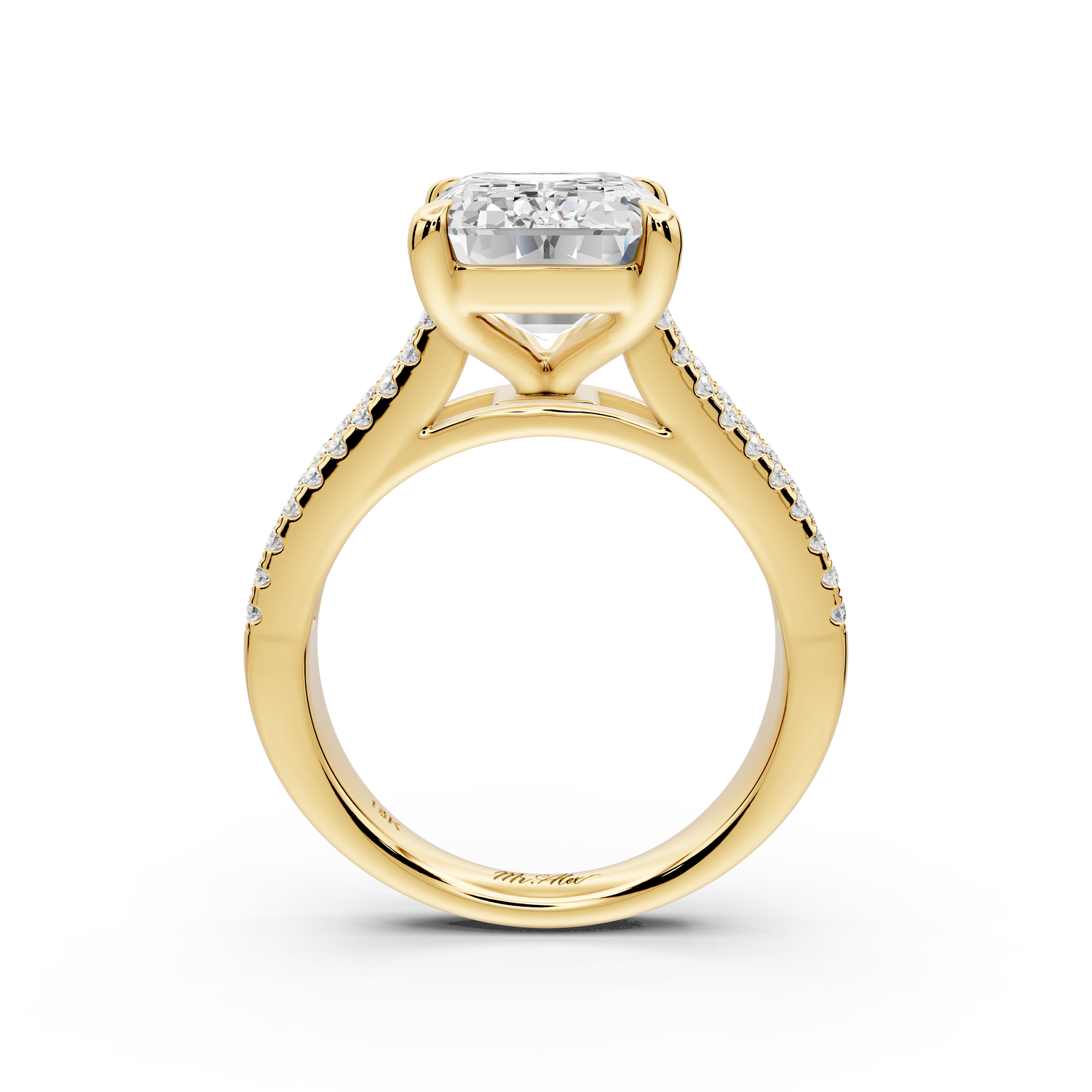 Estelle - 5ct 14k yellow gold emerald diamond with emerald and round cut accent stones half band cathedral engagement ring
