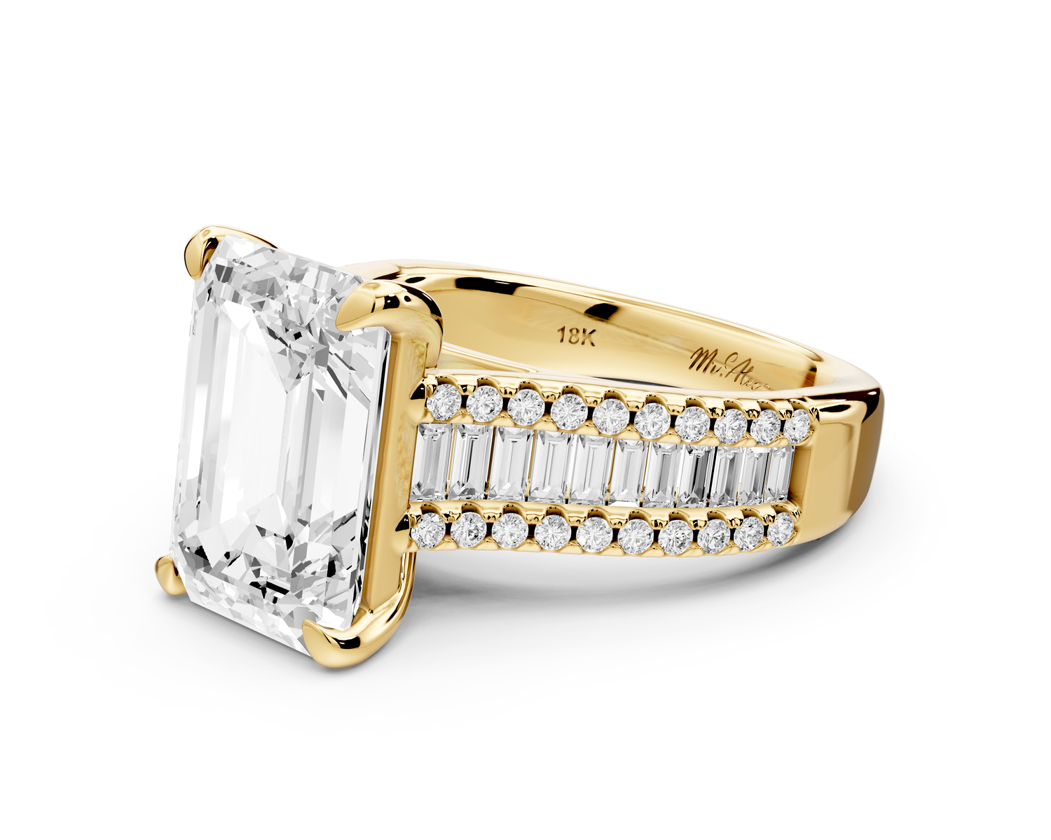 Estelle - 5ct 14k yellow gold emerald diamond with emerald and round cut accent stones half band cathedral engagamengt ring