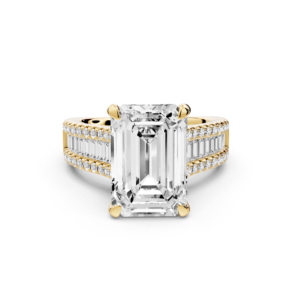 Estelle - 5ct 14k yellow gold emerald diamond with emerald and round cut accent stones half band cathedral engagement ring
