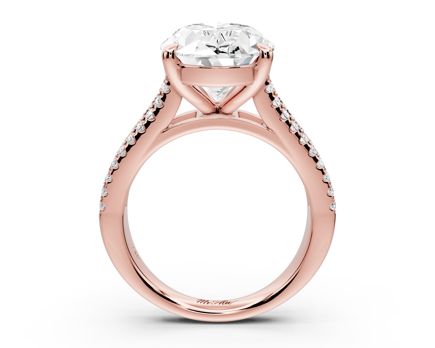 Estelle - 5ct 14k rose gold oval diamond with emerald and round cut accent stones half band cathedral engagement ring