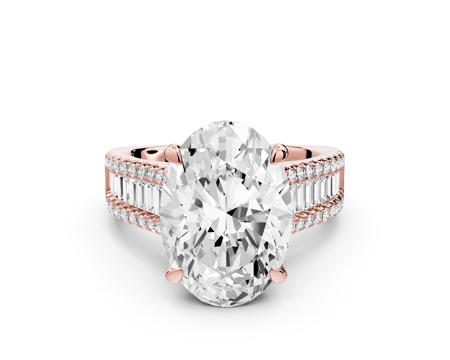 Estelle - 5ct 14k rose gold oval diamond with emerald and round cut accent stones half band cathedral engagement ring