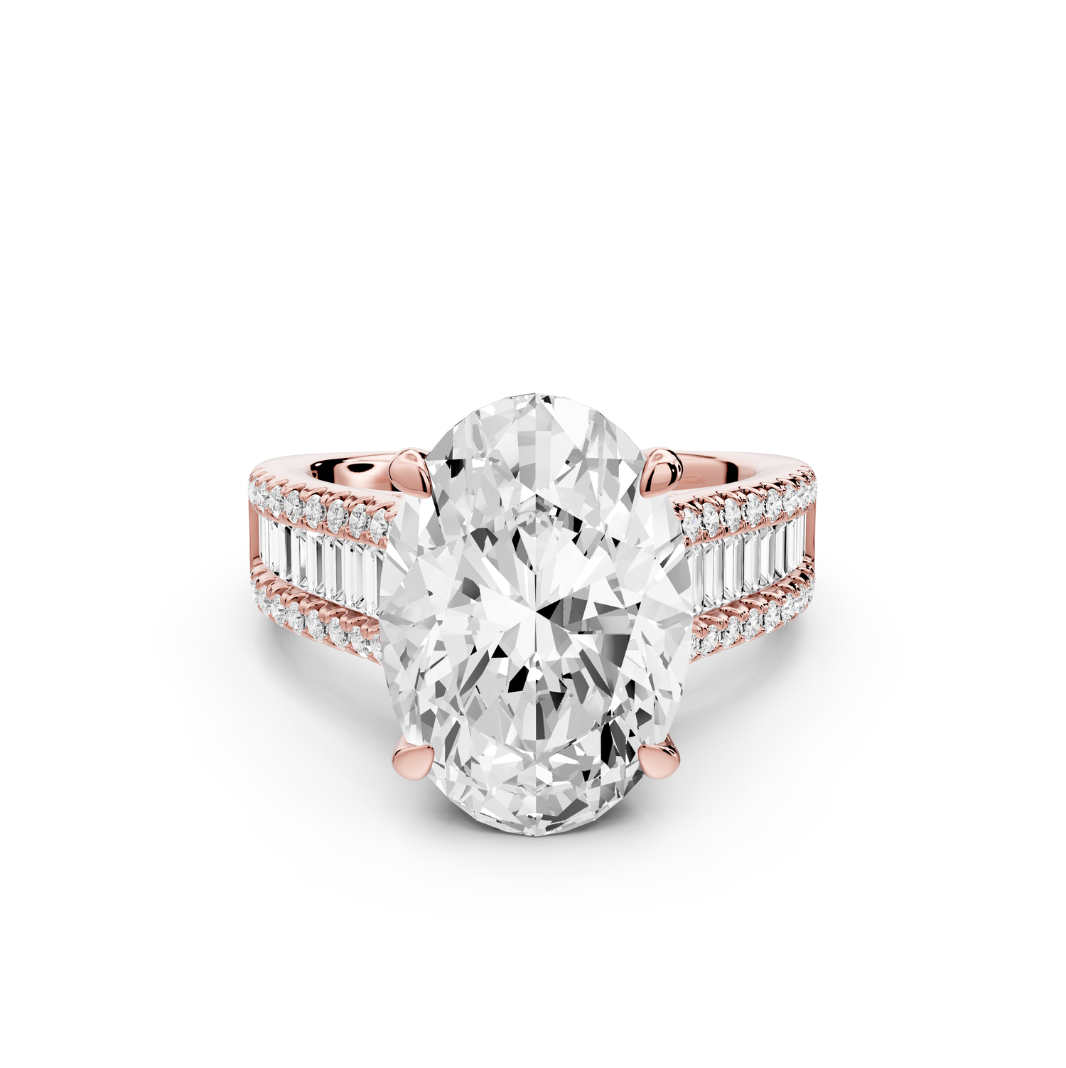 Estelle - 5ct 14k rose gold oval diamond with emerald and round cut accent stones half band cathedral engagement ring