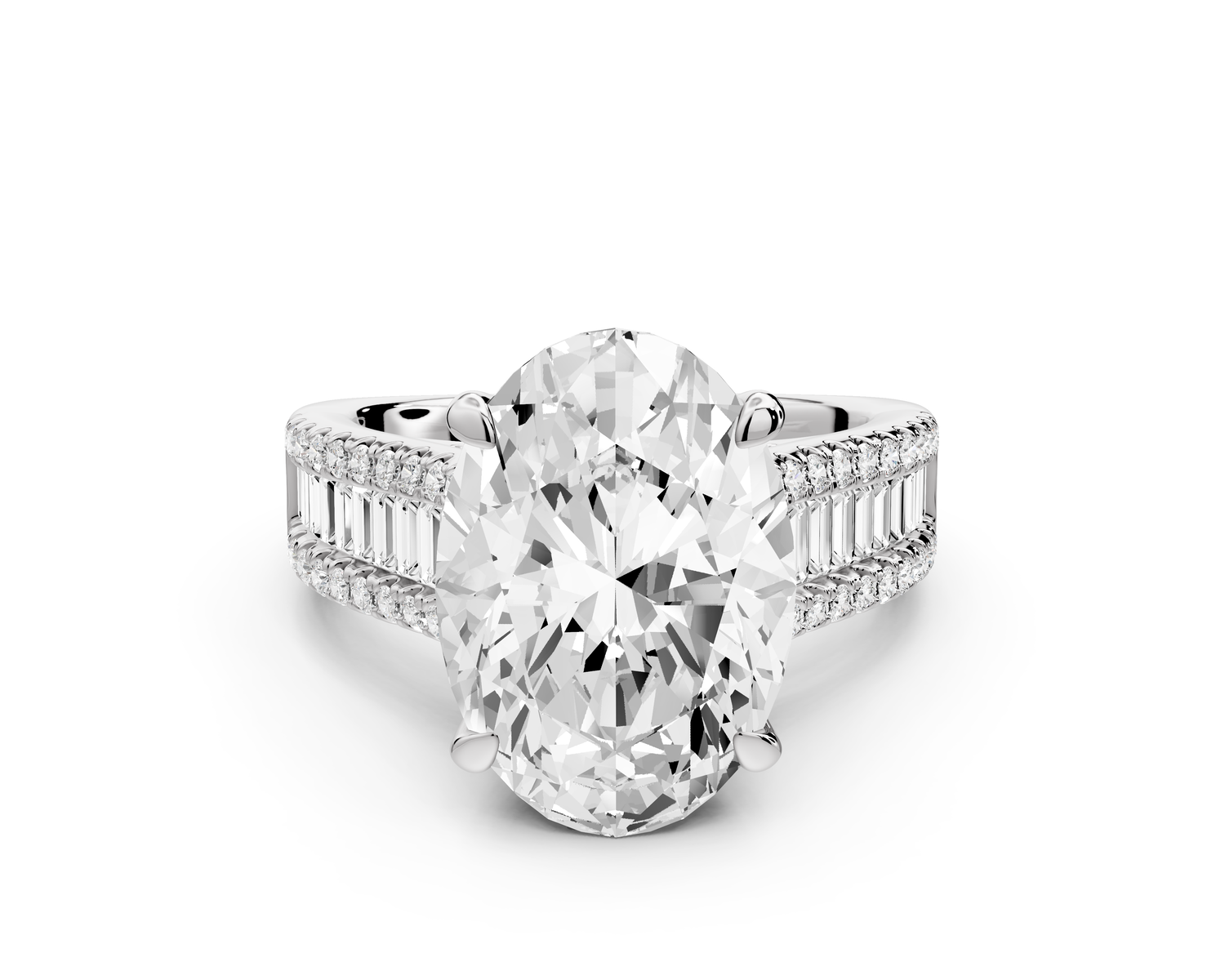 Estelle - 5ct 14k white gold oval diamond with emerald and round cut accent stones half band cathedral engagamengt ring