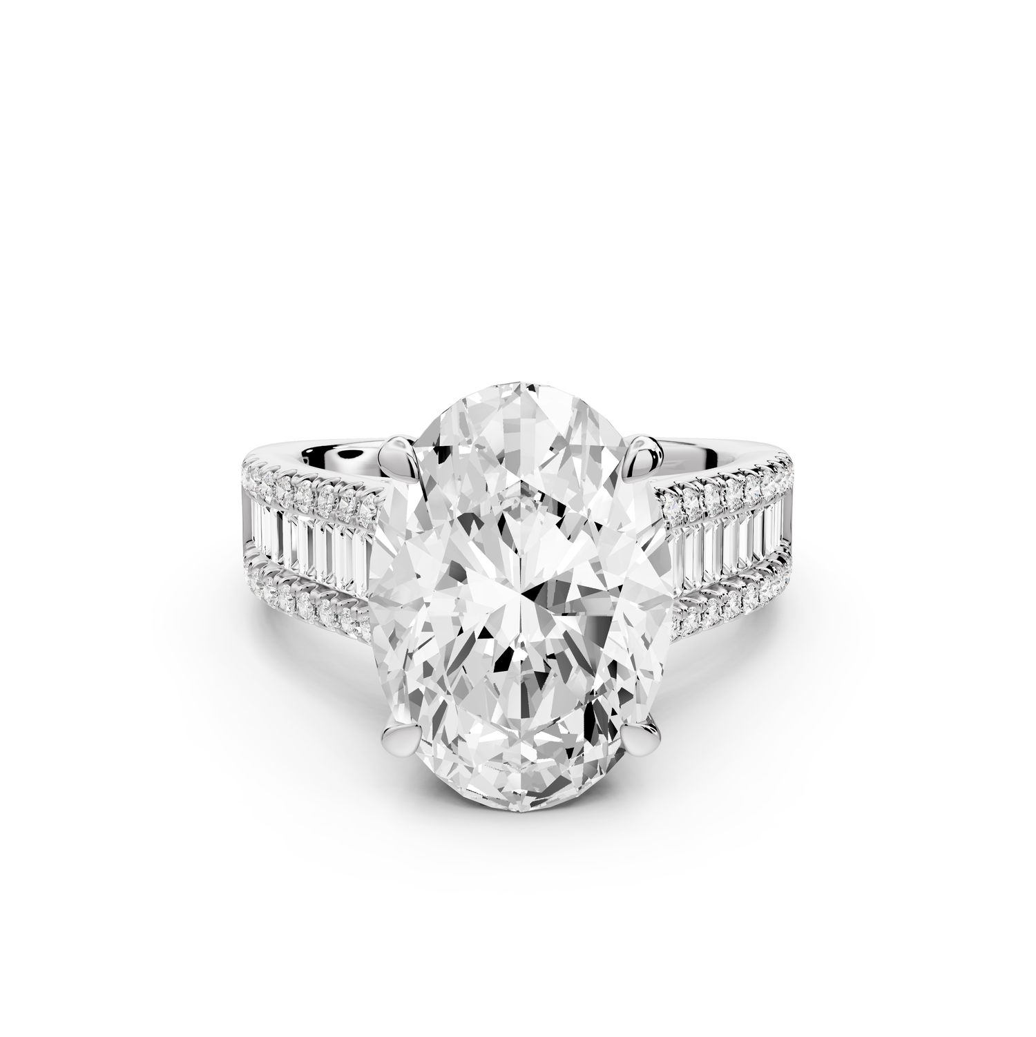 Estelle - 5ct 14k white gold oval diamond with emerald and round cut accent stones half band cathedral engagement ring
