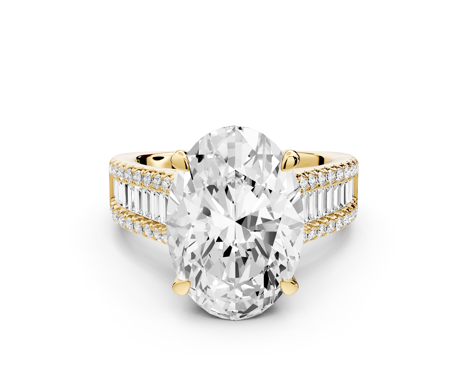 Estelle - 5ct 14k yellow gold oval diamond with emerald and round cut accent stones half band cathedral engagement ring