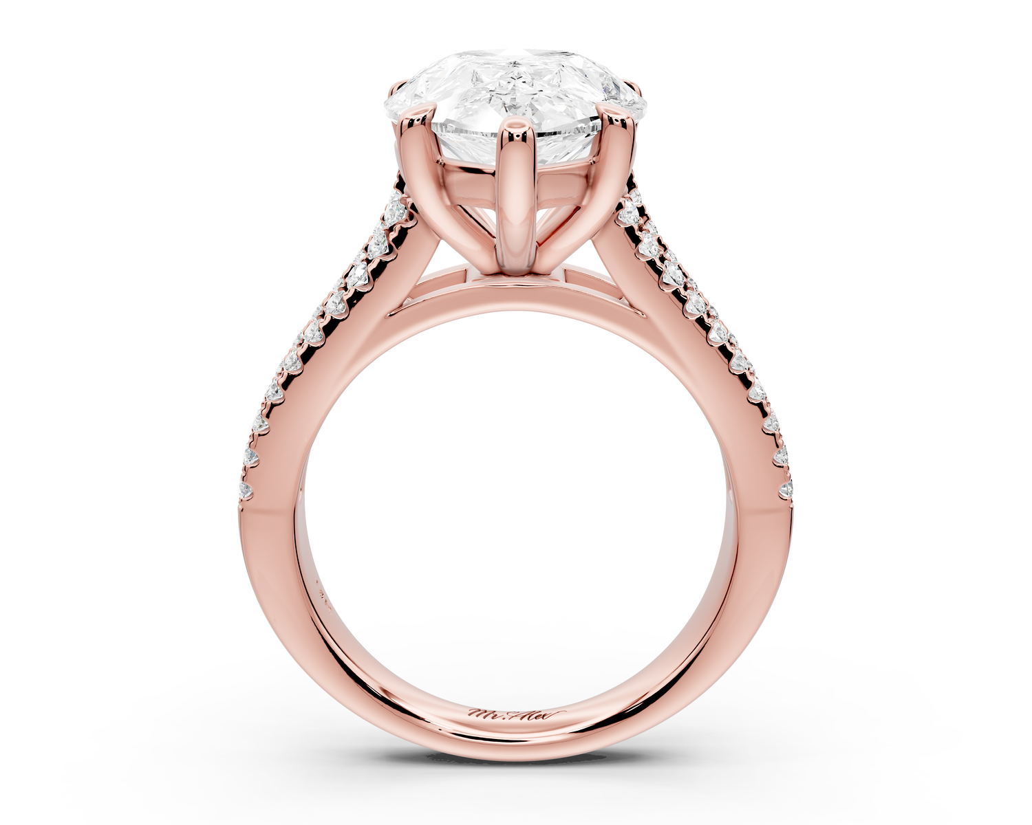 Estelle - 5ct 14k rose gold pear diamond with emerald and round cut accent stones half band cathedral engagamengt ring