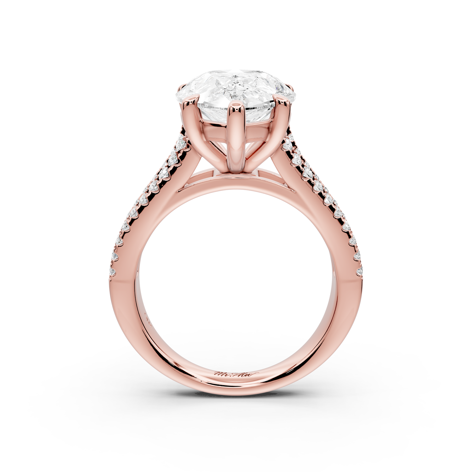 Estelle - 5ct 14k rose gold pear diamond with emerald and round cut accent stones half band cathedral engagement ring