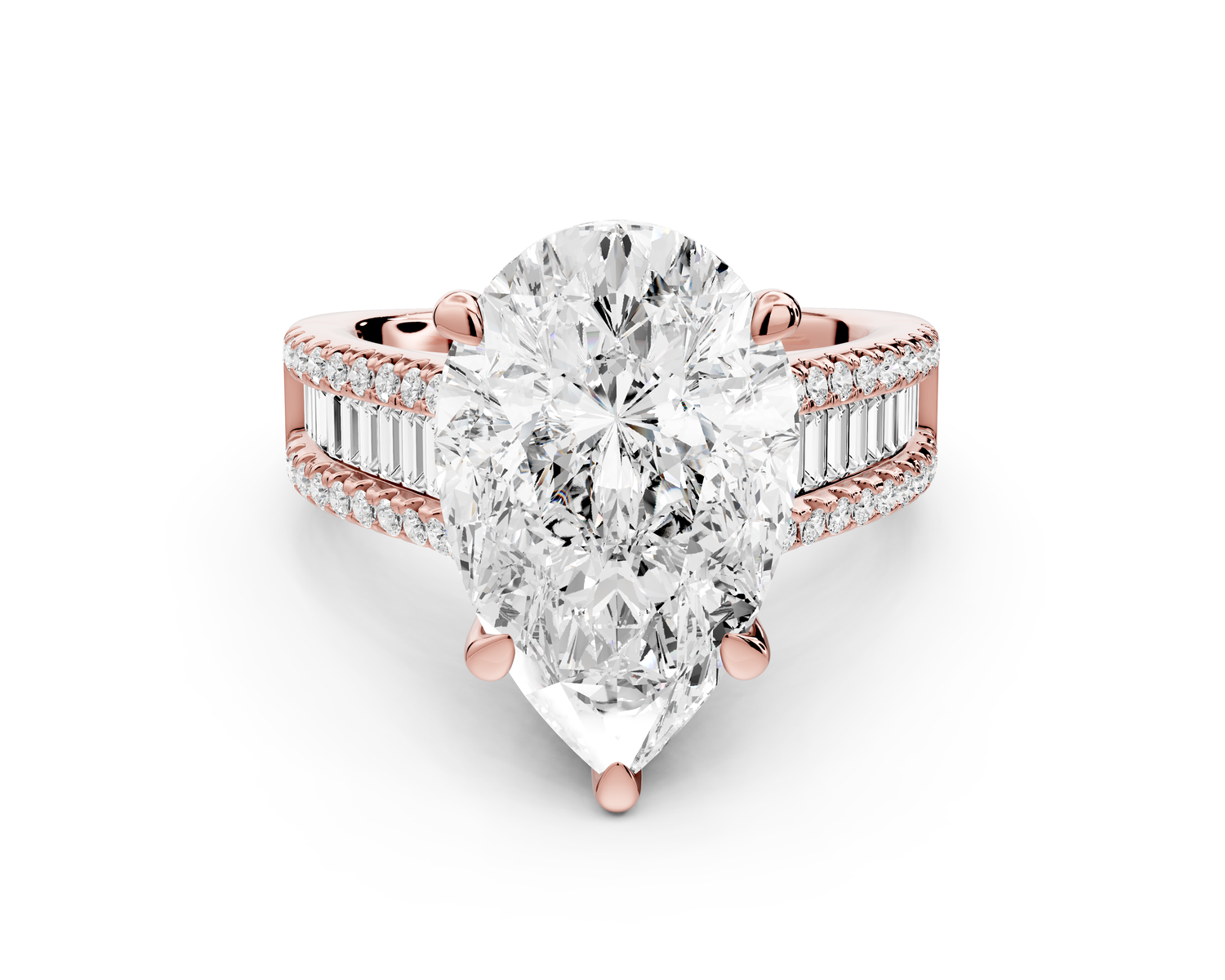 Estelle - 5ct 14k rose gold pear diamond with emerald and round cut accent stones half band cathedral engagamengt ring