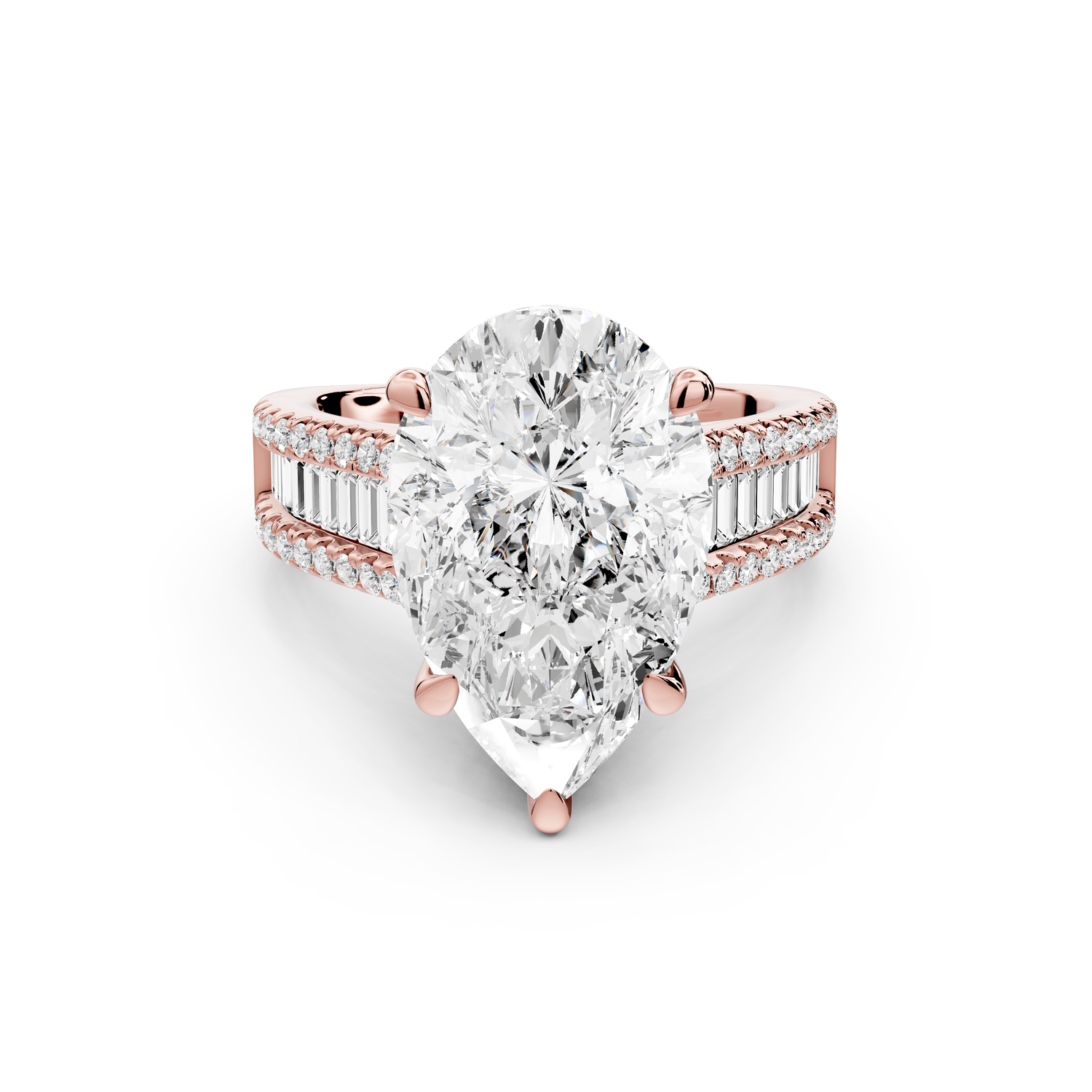 Estelle - 5ct 14k rose gold pear diamond with emerald and round cut accent stones half band cathedral engagement ring
