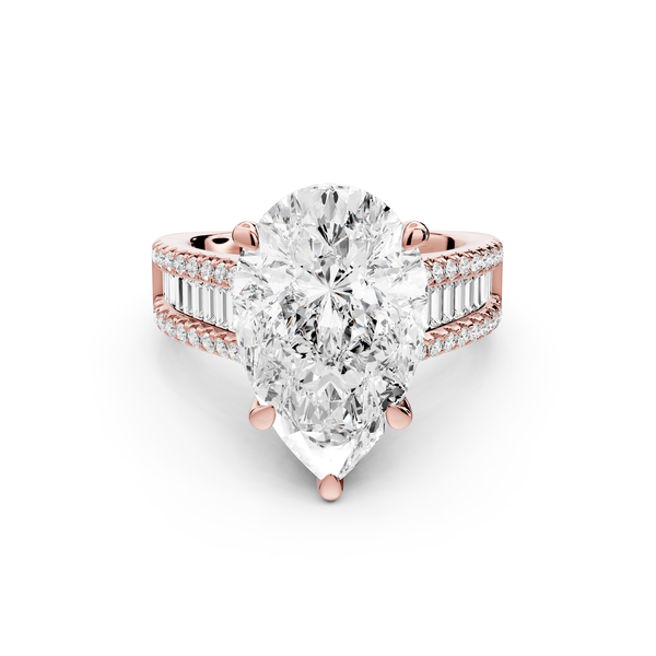Estelle - 5ct 14k rose gold pear diamond with emerald and round cut accent stones half band cathedral engagement ring