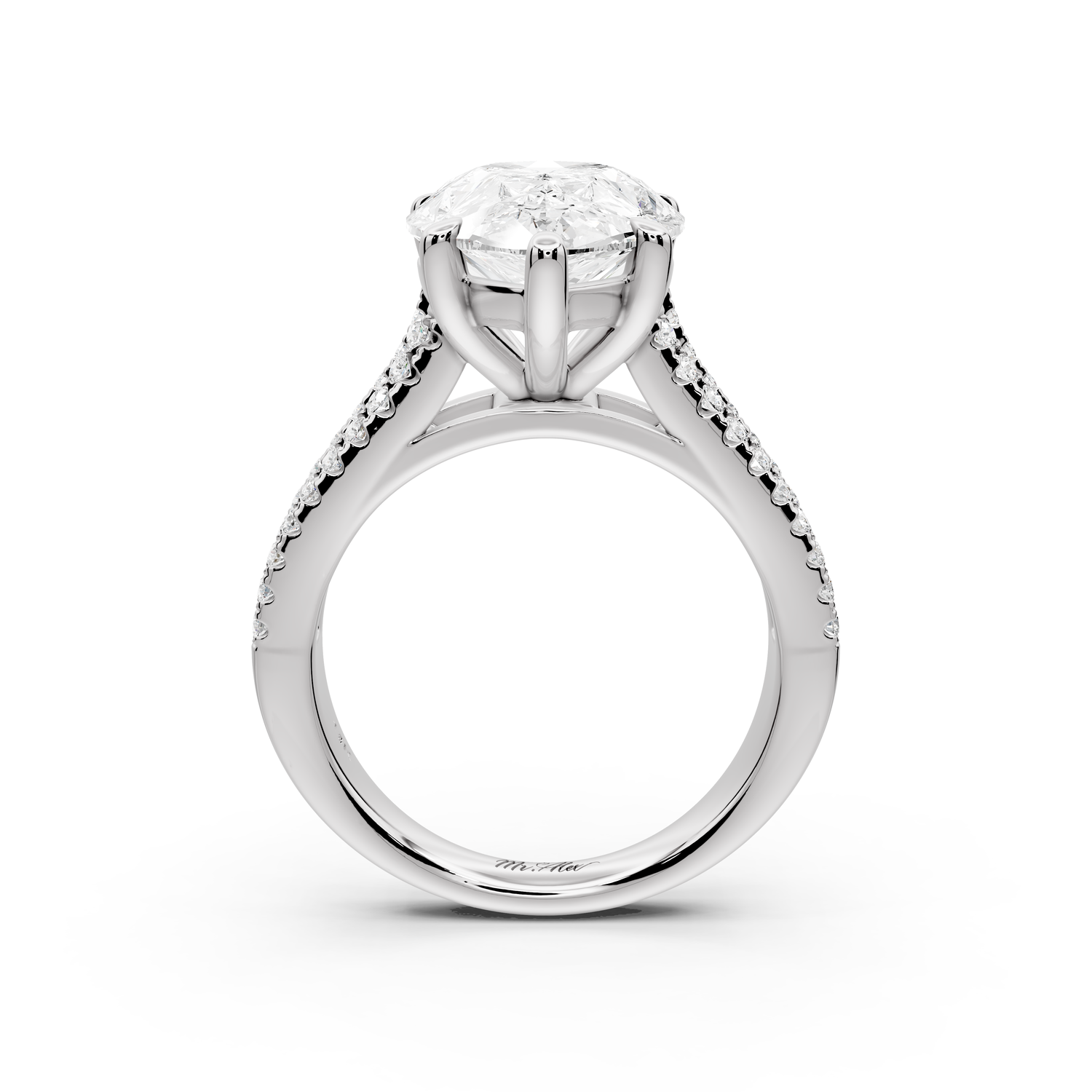 Estelle - 5ct 14k white gold pear diamond with emerald and round cut accent stones half band cathedral engagement ring