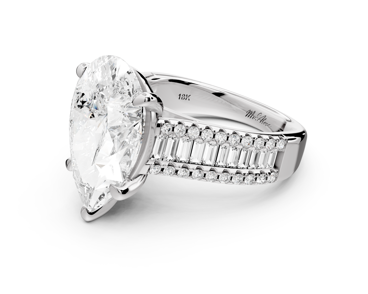Estelle - 5ct 14k white gold pear diamond with emerald and round cut accent stones half band cathedral engagamengt ring