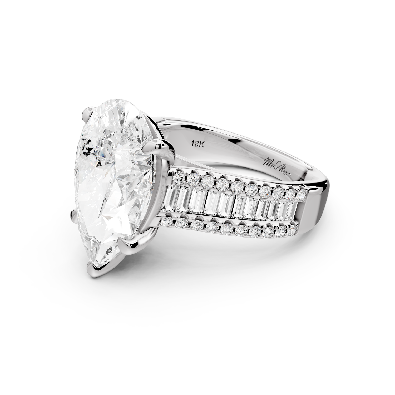 Estelle - 5ct 14k white gold pear diamond with emerald and round cut accent stones half band cathedral engagement ring