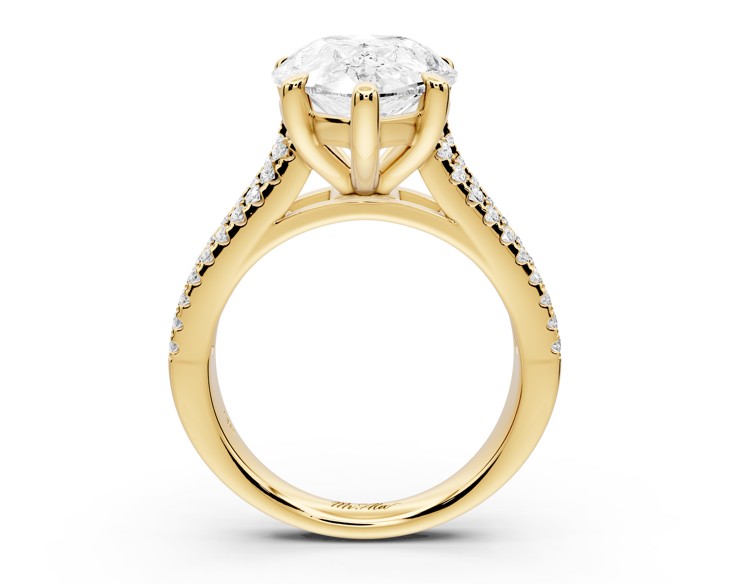 Estelle - 5ct 14k yellow gold pear diamond with emerald and round cut accent stones half band cathedral engagamengt ring