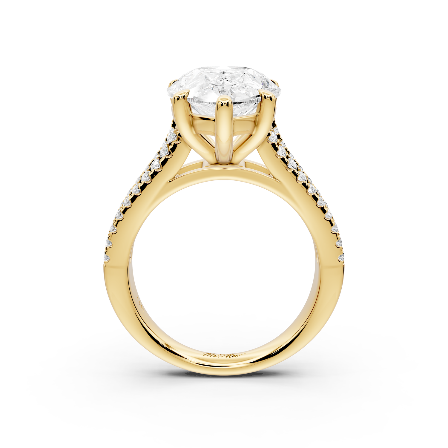 Estelle - 5ct 14k yellow gold pear diamond with emerald and round cut accent stones half band cathedral engagement ring