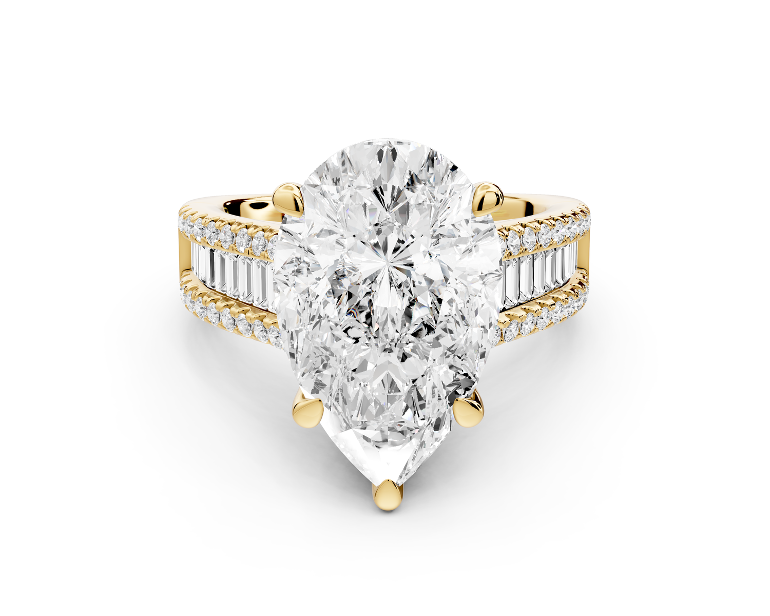 Estelle - 5ct 14k yellow gold pear diamond with emerald and round cut accent stones half band cathedral engagamengt ring