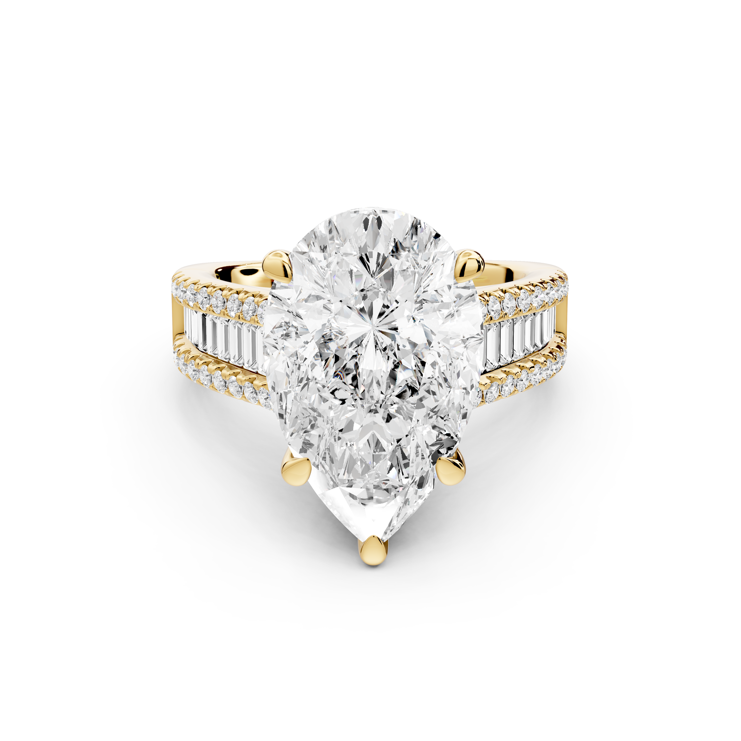Estelle - 5ct 14k yellow gold pear diamond with emerald and round cut accent stones half band cathedral engagement ring