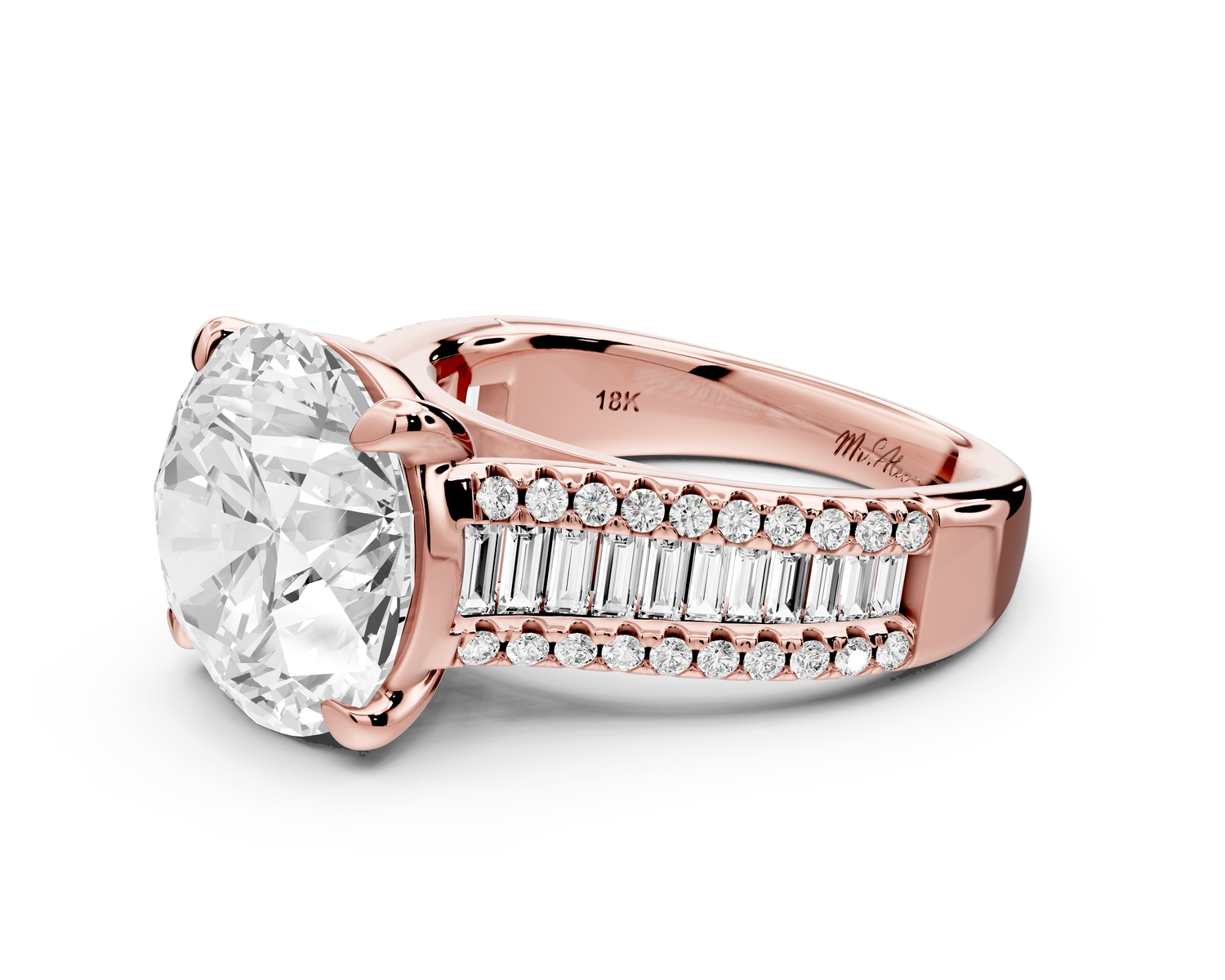 Estelle - 5ct 14k rose gold round diamond with emerald and round cut accent stones half band cathedral engagamengt ring