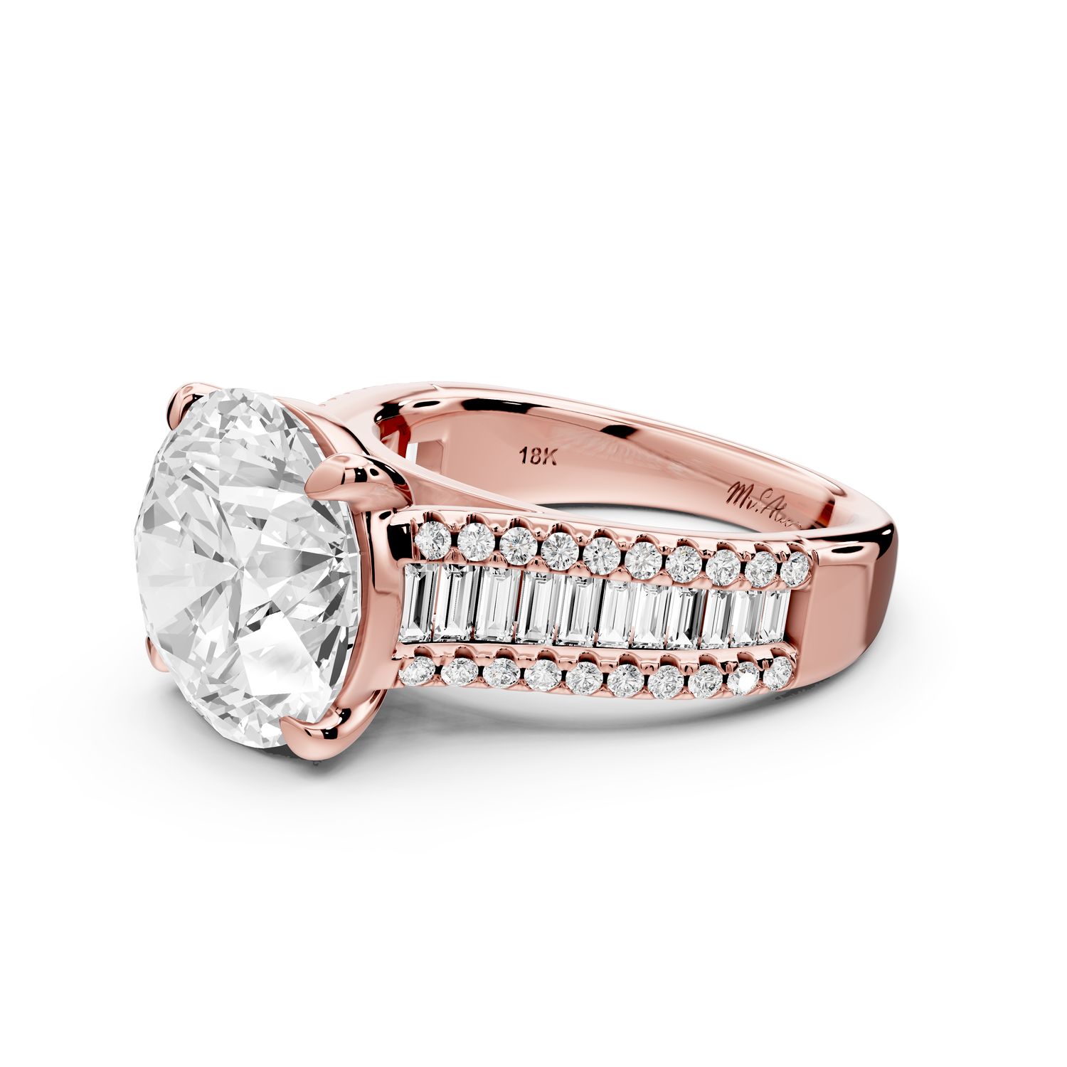 Estelle - 5ct 14k rose gold round diamond with emerald and round cut accent stones half band cathedral engagement ring