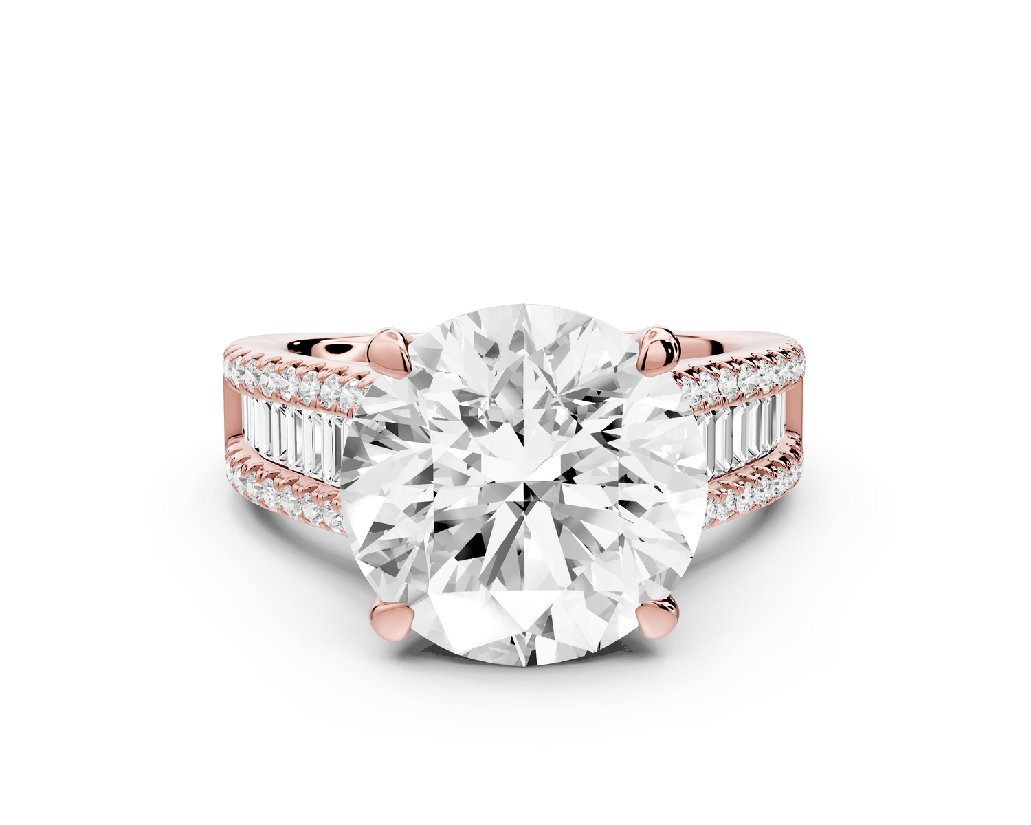 Estelle - 5ct 14k rose gold round diamond with emerald and round cut accent stones half band cathedral engagamengt ring