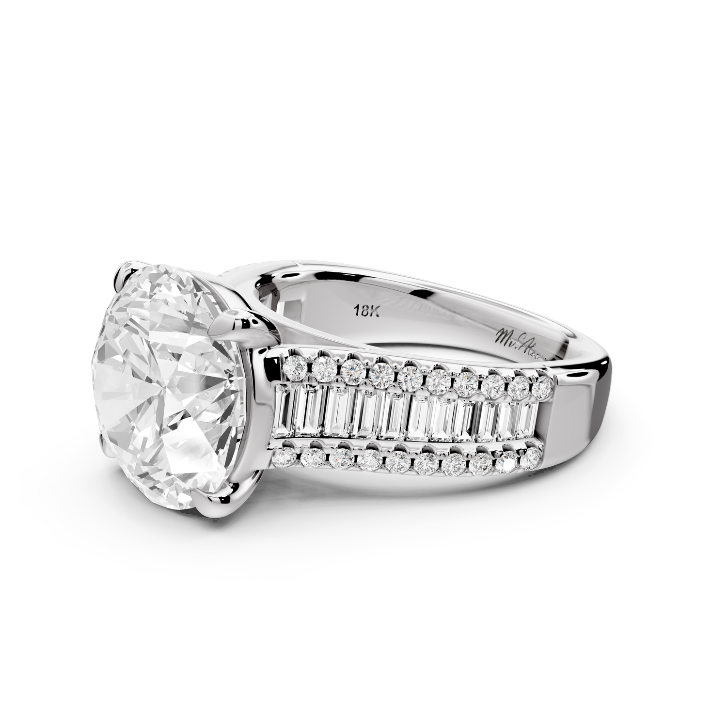 Estelle - 5ct 14k white gold round diamond with emerald and round cut accent stones half band cathedral engagement ring