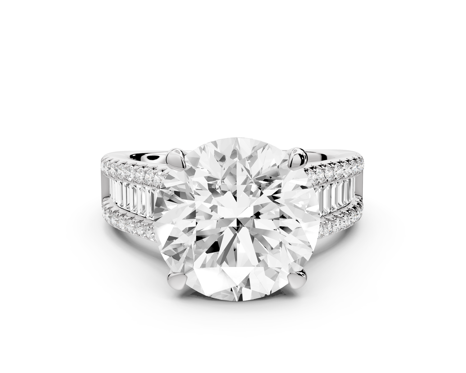 Estelle - 5ct 14k white gold round diamond with emerald and round cut accent stones half band cathedral engagement ring