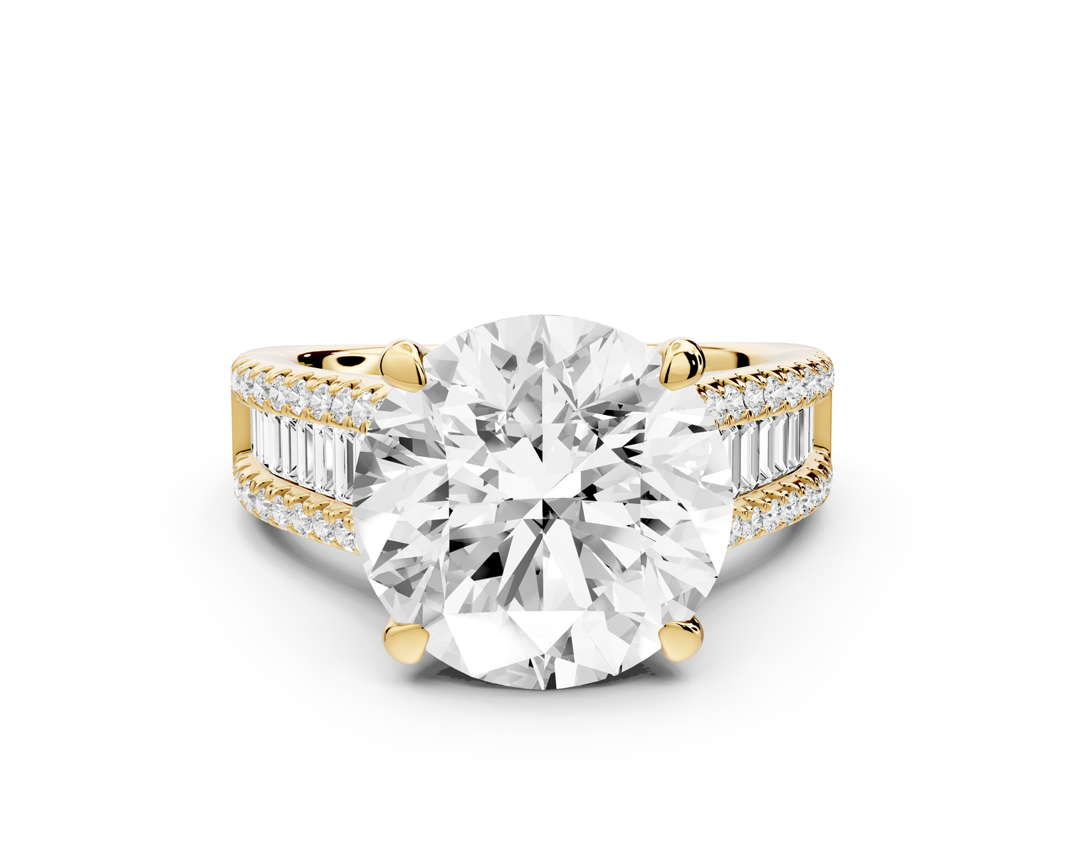 Estelle - 5ct 14k yellow gold round diamond with emerald and round cut accent stones half band cathedral engagamengt ring