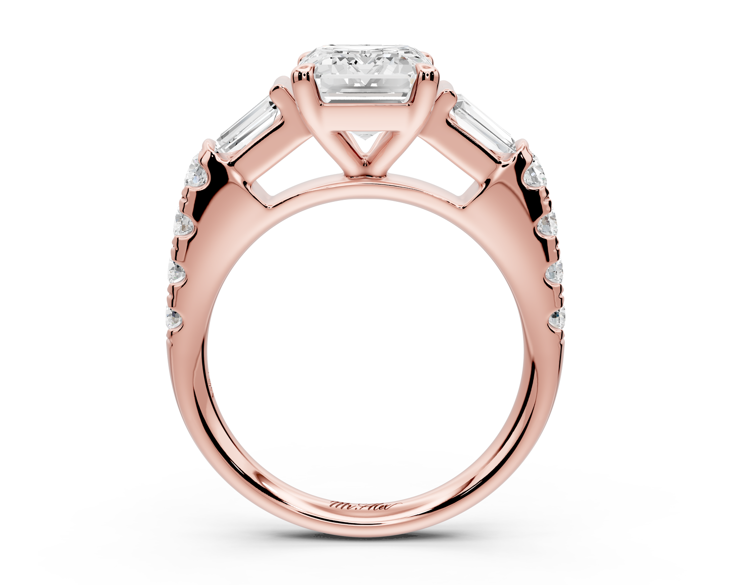 Aria - 2ct 14k rose gold emerald Diamond with tapered baguettes and round accent stones Engagement ring