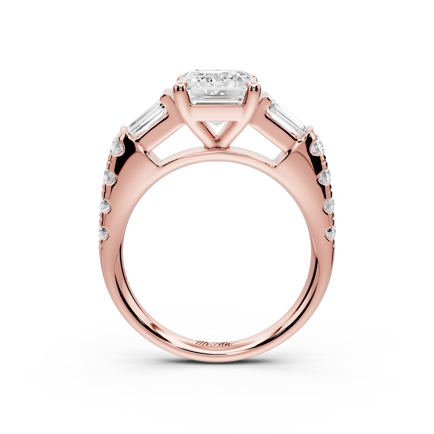 Aria - 2ct 14k rose gold emerald Diamond with tapered baguettes and round accent stones Engagement ring
