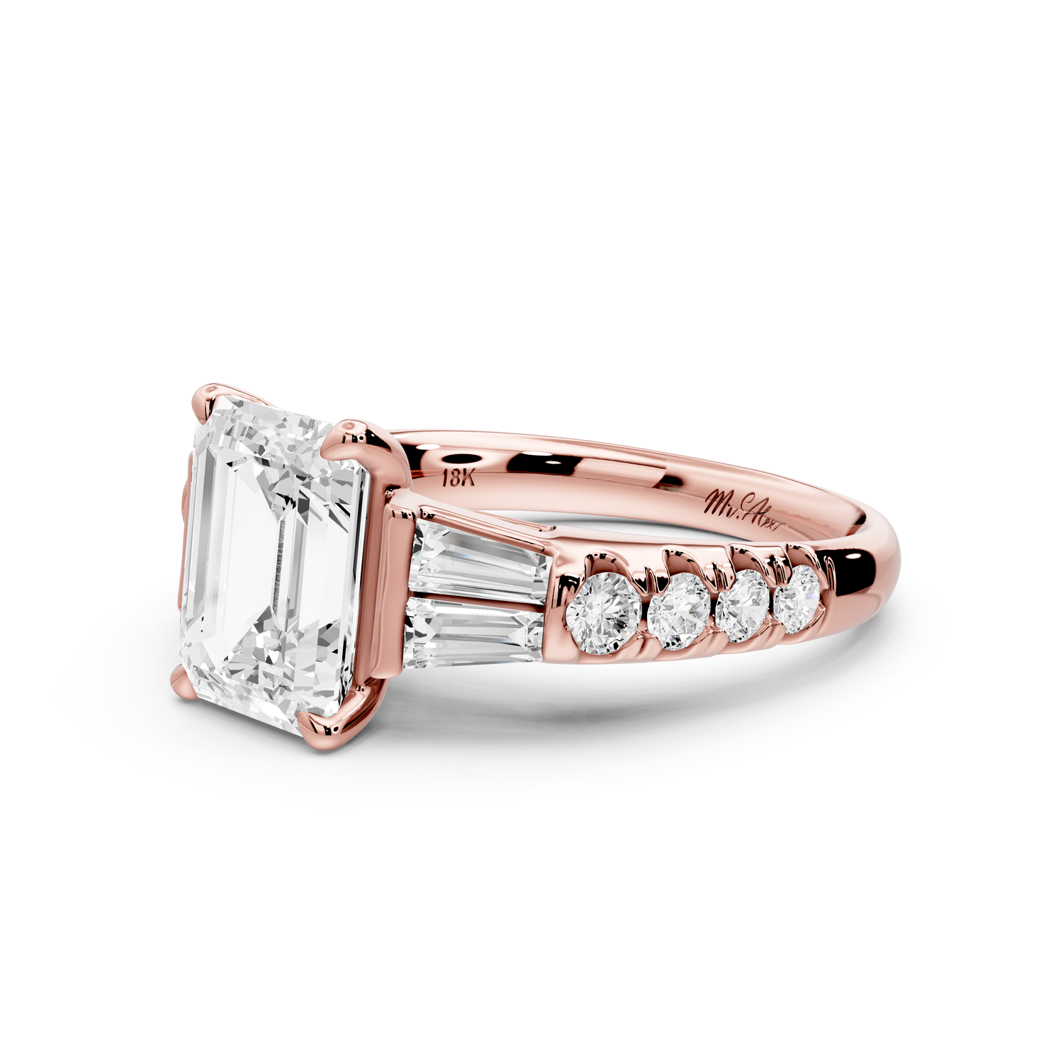 Aria - 2ct 14k rose gold emerald Diamond with tapered baguettes and round accent stones Engagement ring