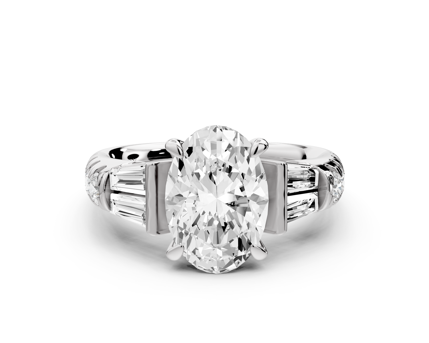 Aria - 2ct 18k white gold oval Diamond with tapered baguettes and round accent stones Engagement ring