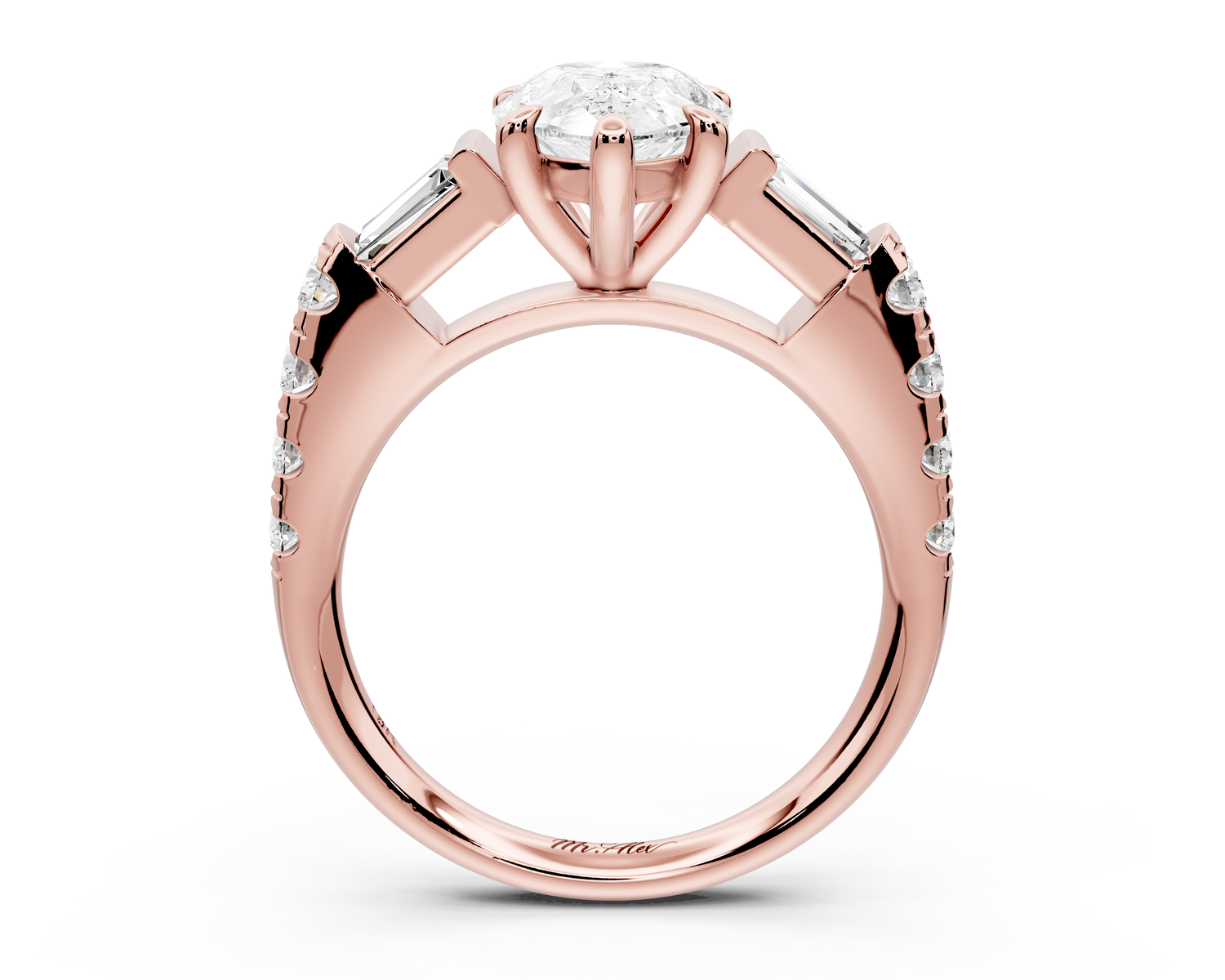 Aria - 2ct 18k rose gold pear Diamond with tapered baguettes and round accent stones Engagement ring
