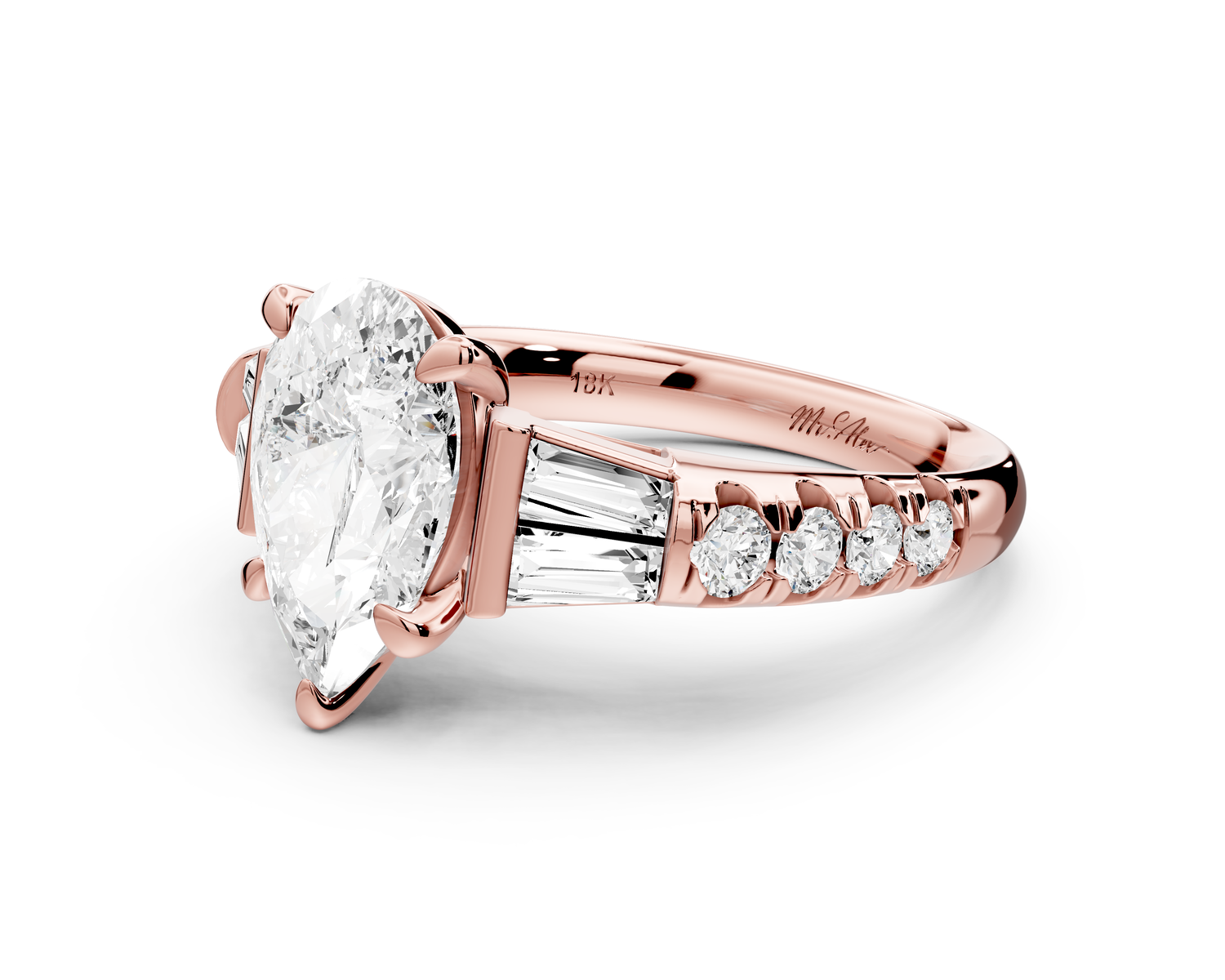 Aria - 2ct 18k rose gold pear Diamond with tapered baguettes and round accent stones Engagement ring