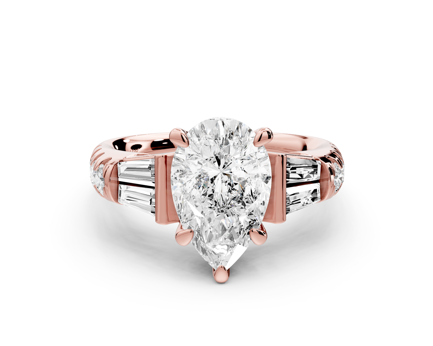 Aria - 2ct 14k rose gold pear Diamond with tapered baguettes and round accent stones Engagement ring