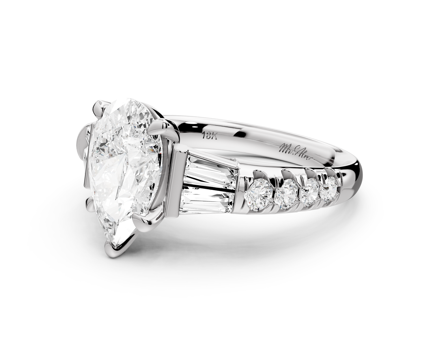 Aria - 2ct 14k white gold pear Diamond with tapered baguettes and round accent stones Engagement ring