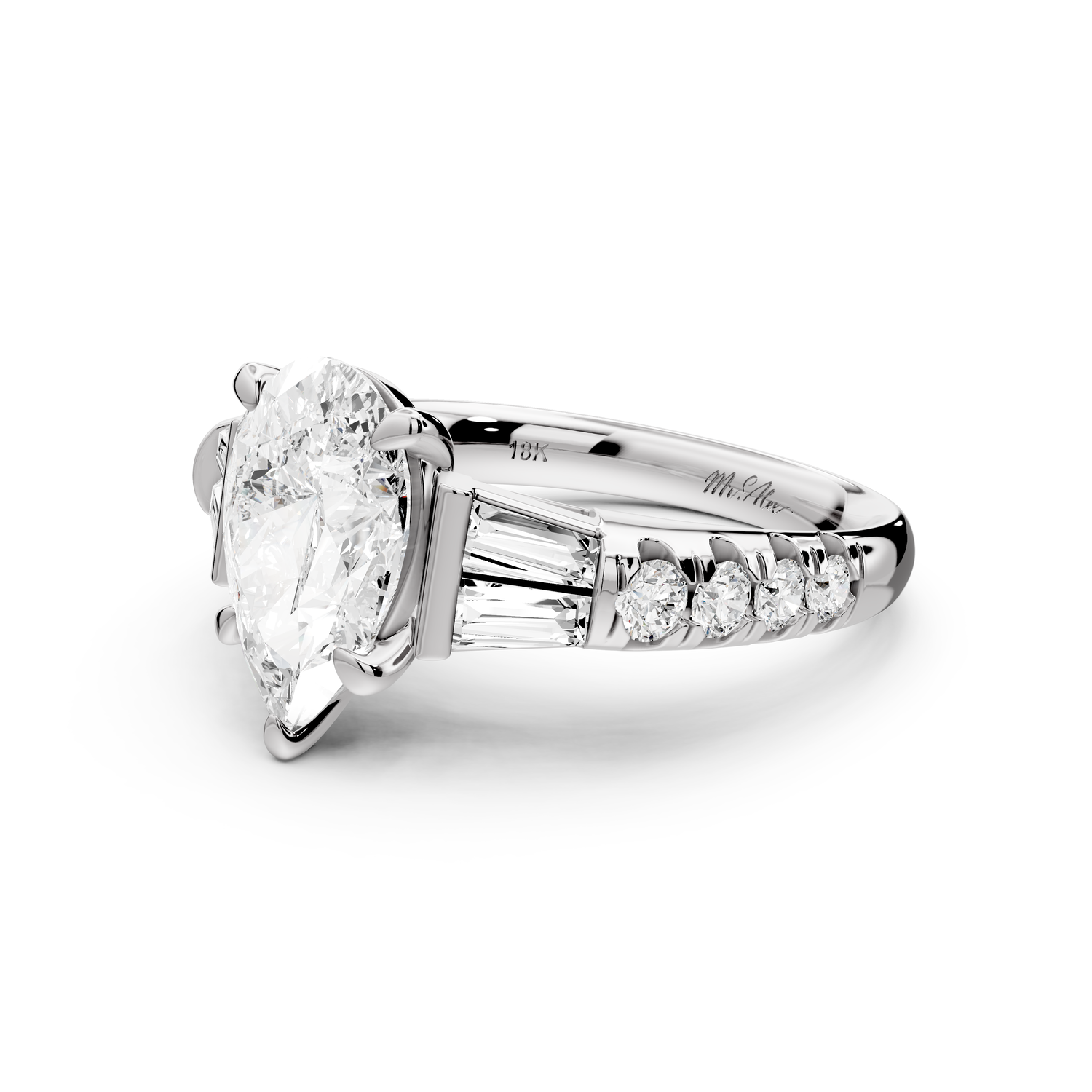 Aria - 2ct 14k white gold pear Diamond with tapered baguettes and round accent stones Engagement ring