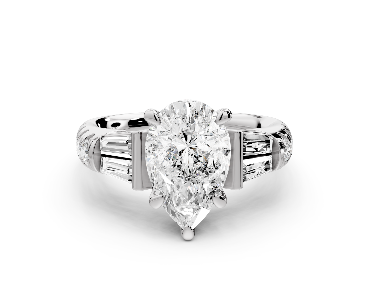 Aria - 2ct 14k white gold pear Diamond with tapered baguettes and round accent stones Engagement ring