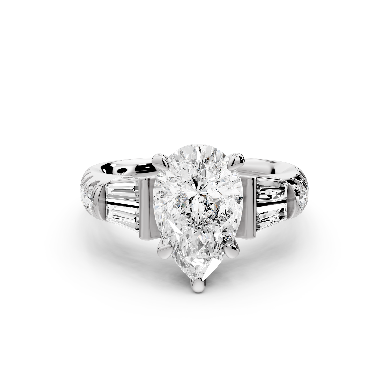 Aria - 2ct 18k white gold pear Diamond with tapered baguettes and round accent stones Engagement ring