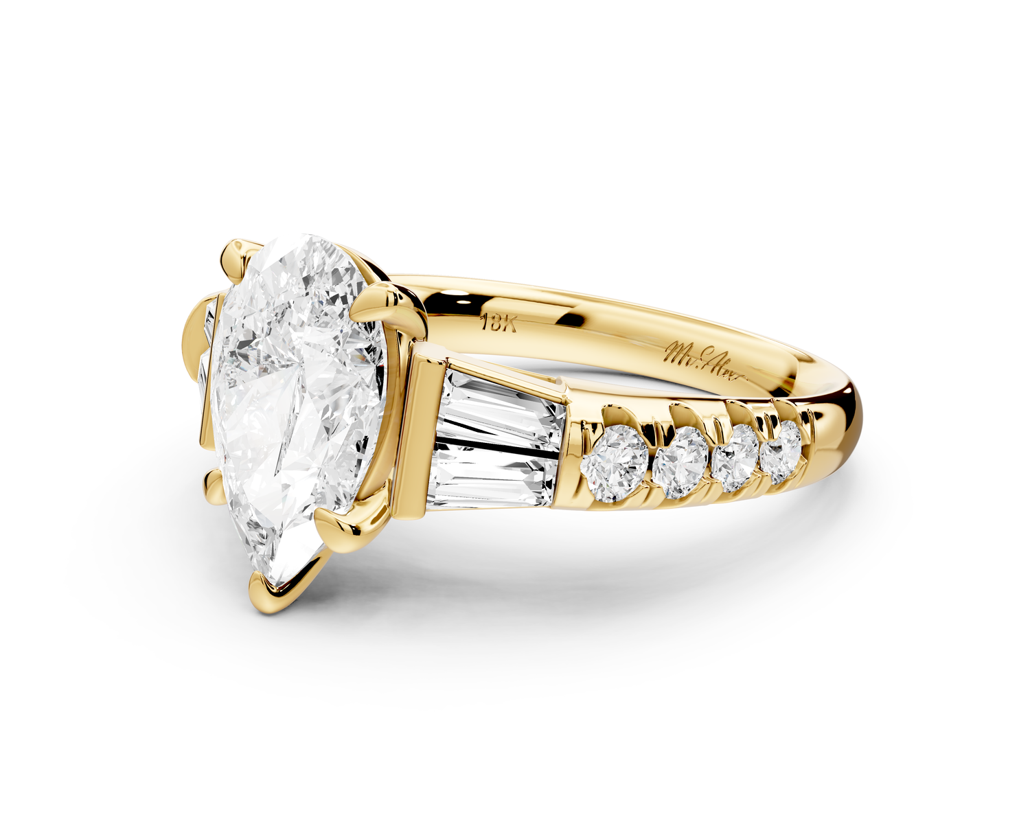 Aria - 2ct 18k yellow gold pear Diamond with tapered baguettes and round accent stones Engagement ring