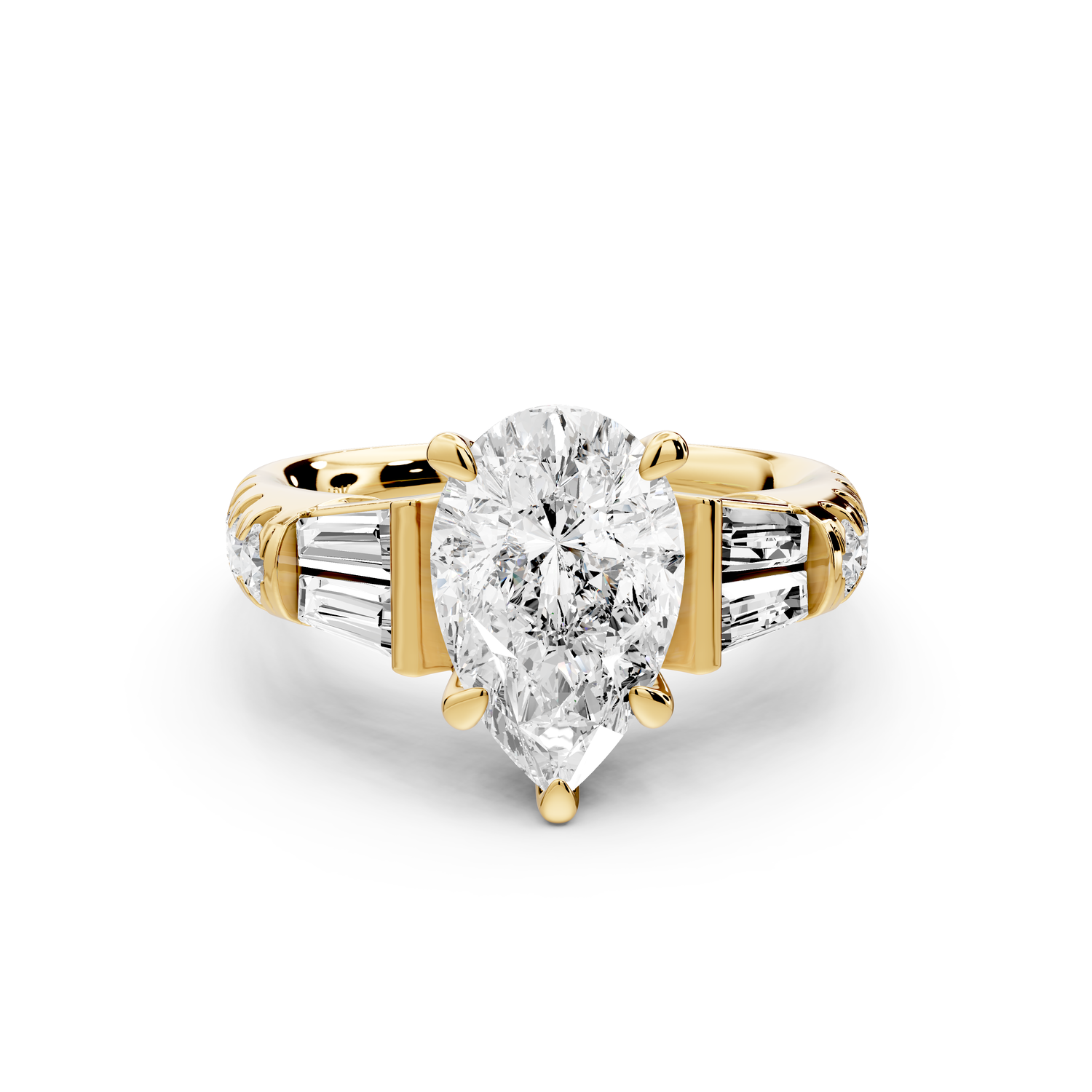 Aria - 2ct 18k yellow gold pear Diamond with tapered baguettes and round accent stones Engagement ring