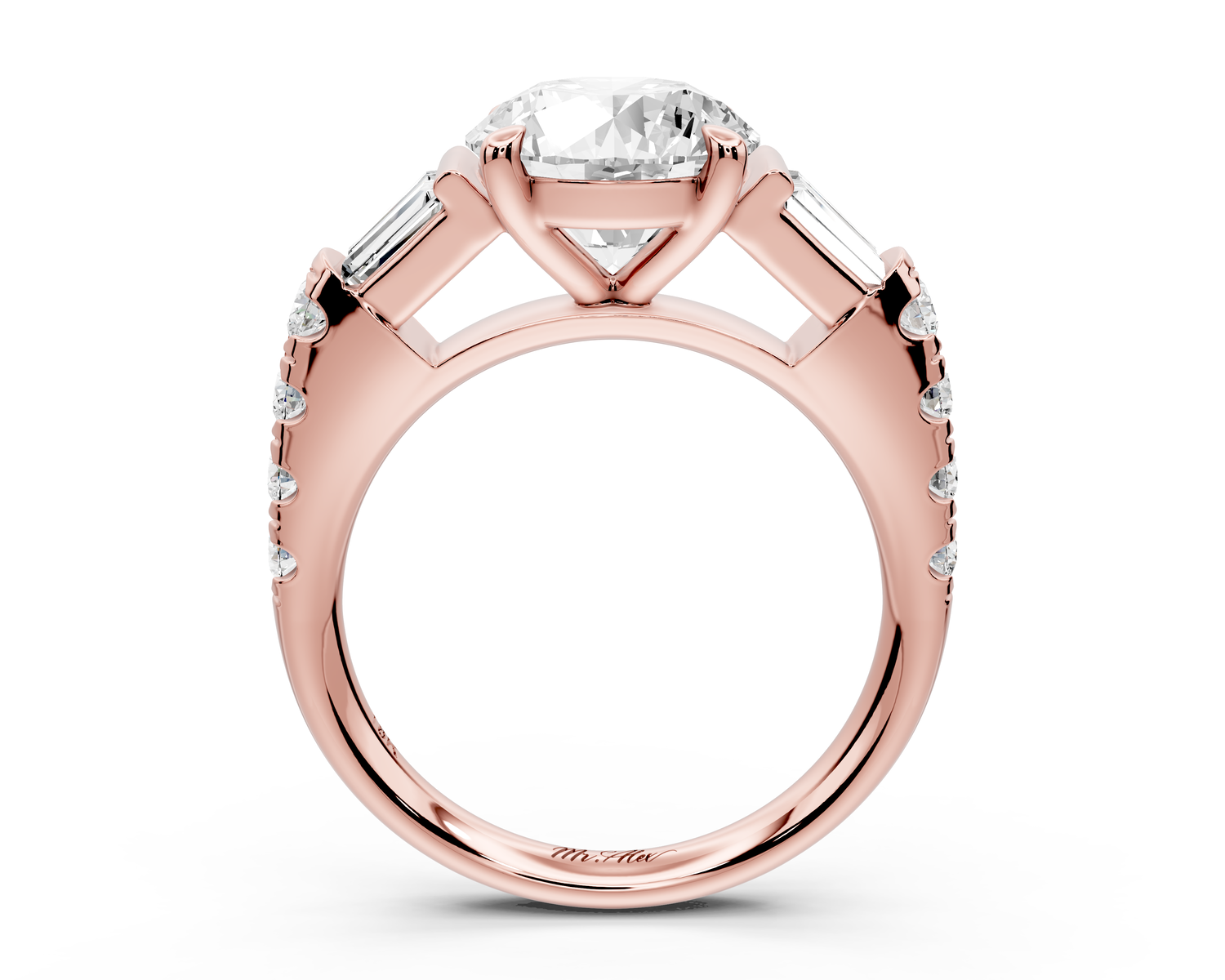 Aria - 2ct 14k rose gold round Diamond with tapered baguettes and round accent stones engagment ring
