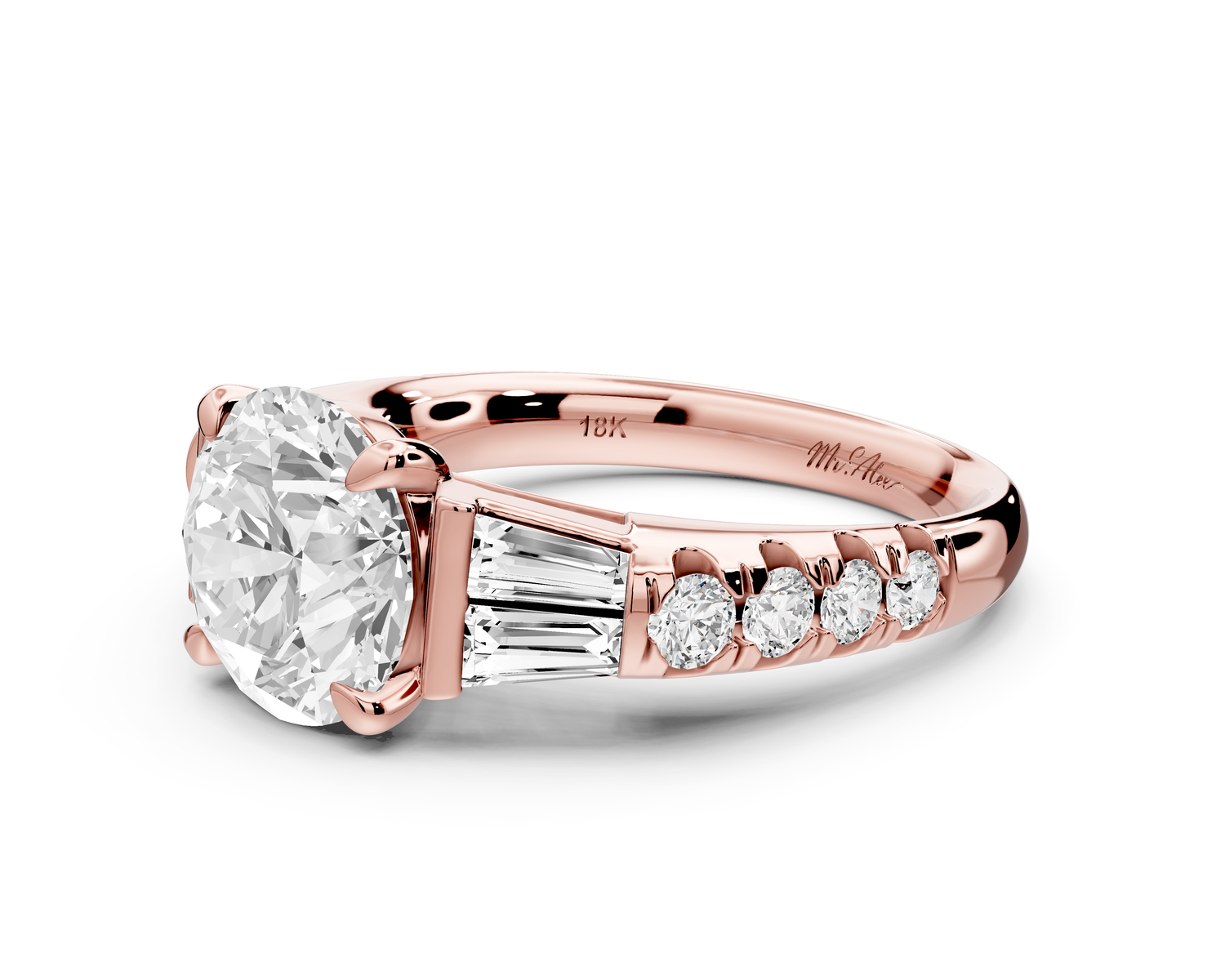 Aria - 2ct 18k rose gold round Diamond with tapered baguettes and round accent stones engagment ring