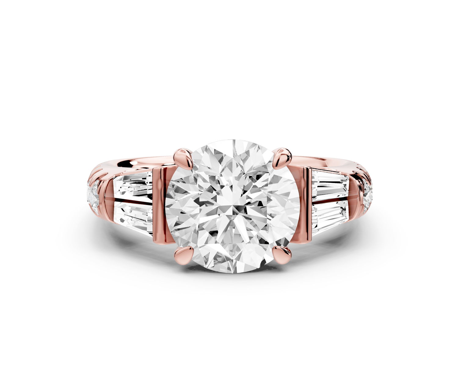 Aria - 2ct 18k rose gold round Diamond with tapered baguettes and round accent stones engagment ring