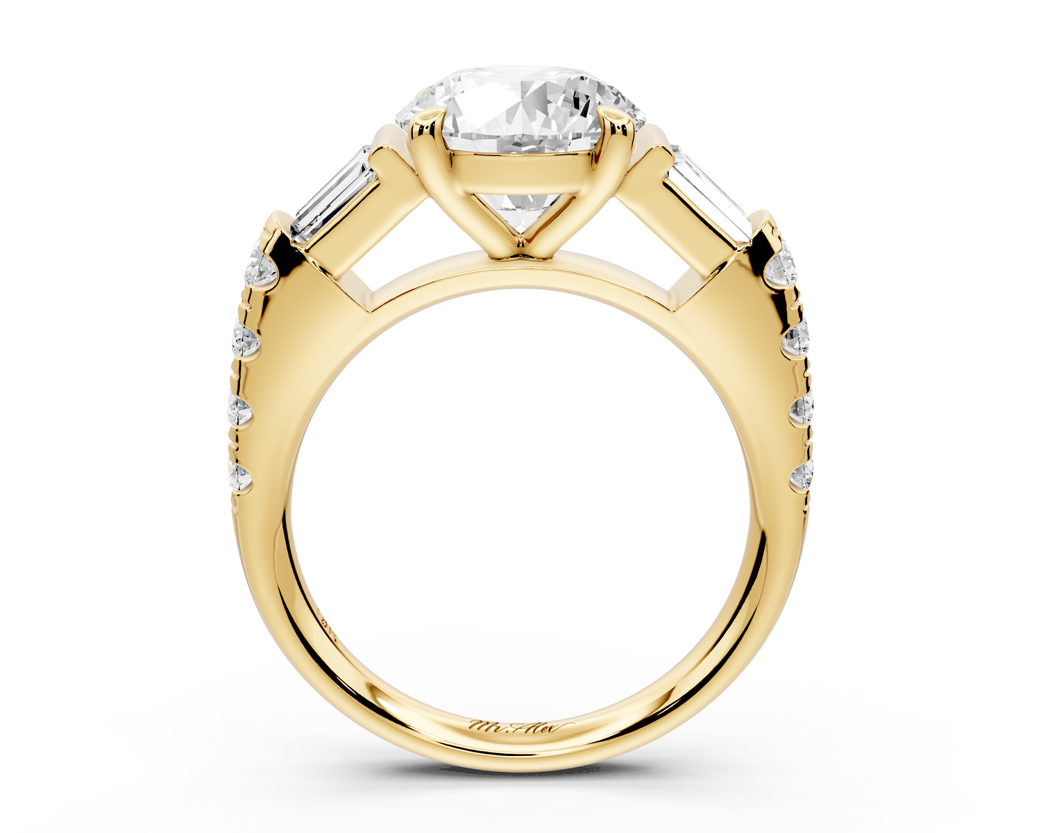 Aria - 2ct 18k yellow gold round Diamond with tapered baguettes and round accent stones engagment ring