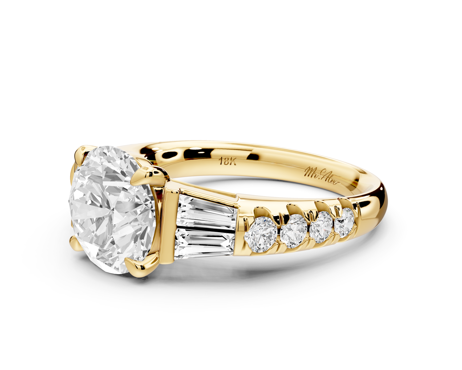 Aria - 2ct 14k yellow gold round Diamond with tapered baguettes and round accent stones engagment ring