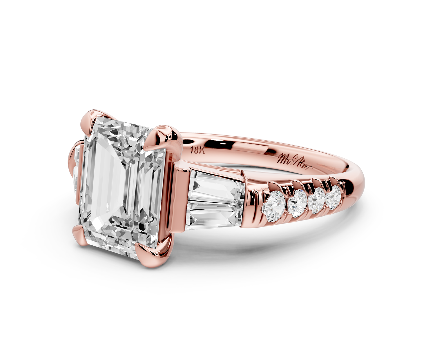 Aria - 3ct 14k rose gold emerald Diamond with tapered baguettes and round accent stones Engagement ring