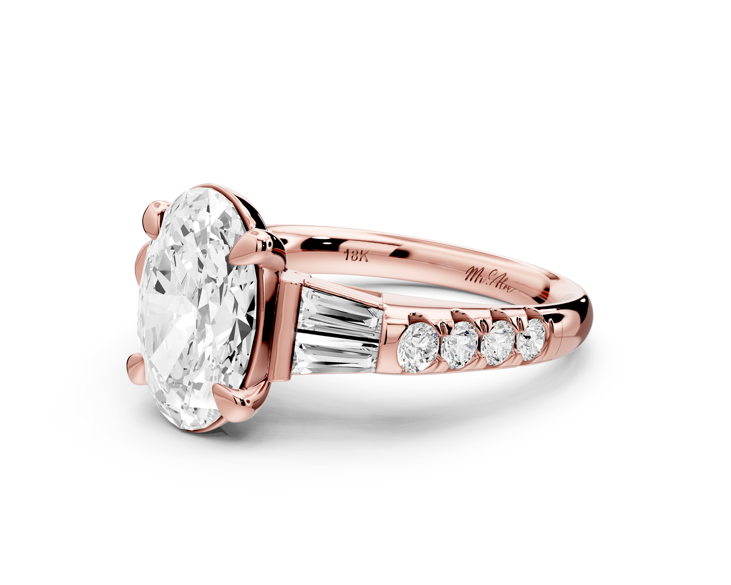 Aria - 3ct 18k rose gold oval Diamond with tapered baguettes and round accent stones Engagement ring