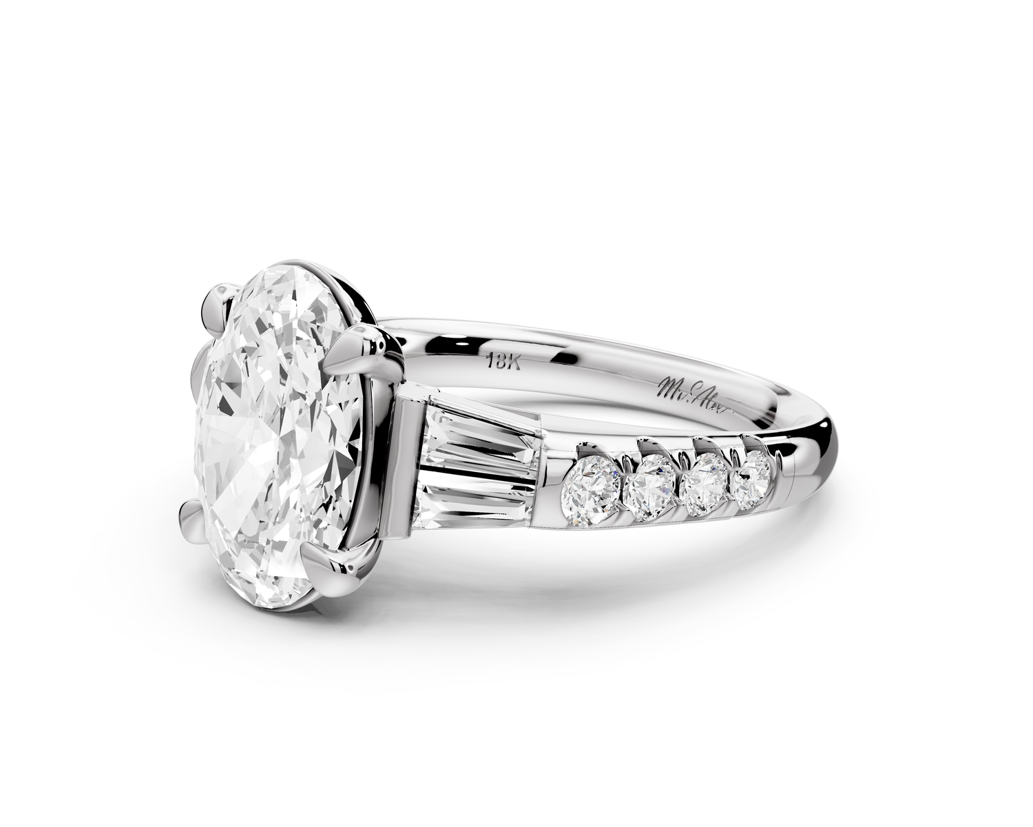 Aria - 3ct platinum oval Diamond with tapered baguettes and round accent stones Engagement ring
